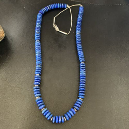 Men's Blue Lapis Bead Necklace | 8mm Liquid Silver Heishi | Sterling Silver | 24" | 12775