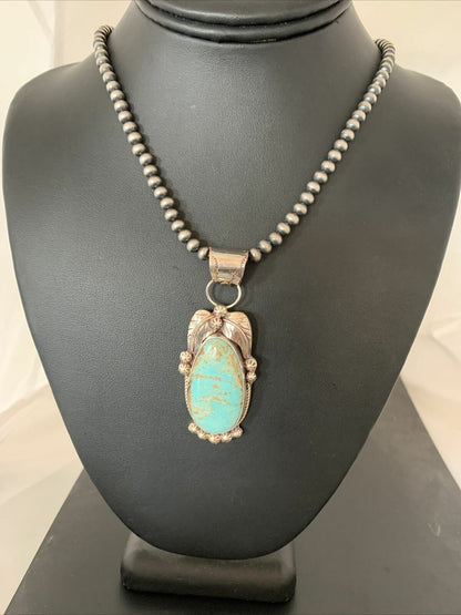 Men's Navajo Pearls Necklace Pendant | Sterling Silver | Blue Turquoise #8 | Authentic Native American | 906