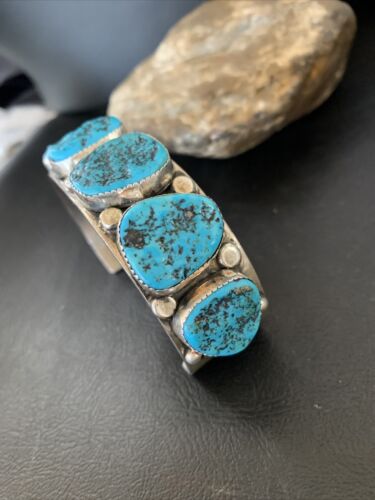 Navajo Sterling Silver Blue Kingman Turquoise Cuff Bracelet | 6 Stone | Authentic Native American Handmade | 12166
