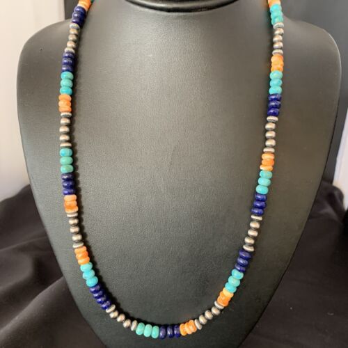 Navajo Blue Lapis Turquoise Orange Spiny Oyster Necklace | Sterling Silver | 22" | 13365