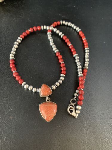 Navajo Red Apple Coral and Multi-Stone Bead Necklace | Sterling Silver | Authentic Native American Handmade | 13414