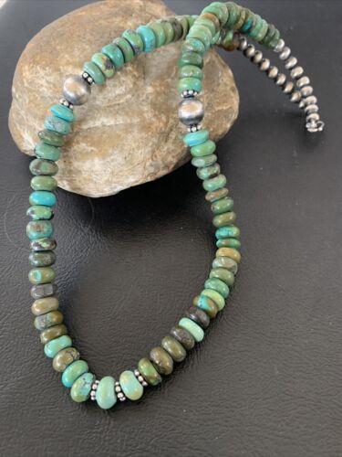 Southwestern Navajo Green Turquoise Bead Necklace | Sterling Silver | 20" | Authentic Native American Handmade | 2001