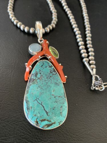 Navajo Pearl Spiderweb Turquoise Coral Pendant Necklace | Authentic Native American Sterling Silver | Multi-Stone | 11812