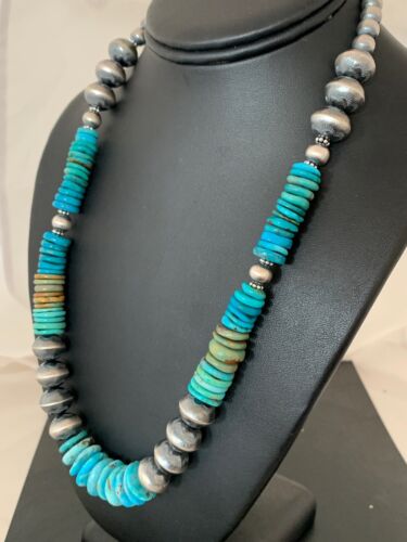 Native Blue Green Turquoise Beads Navajo Sterling Silver Necklace 4697