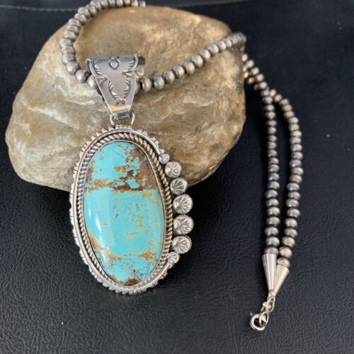 Navajo Pearls Sterling Silver Necklace with Blue #8 Turquoise Pendant | 3" | Authentic Native American Handmade | 13937 - Masha USA