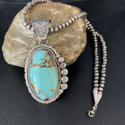 Navajo Pearls Sterling Silver Necklace with Blue #8 Turquoise Pendant | 3" | Authentic Native American Handmade | 13937 - Masha USA