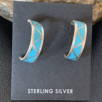 Zuni Blue Turquoise Inlay Hoop Earrings | Sterling Silver | 0.50" | 12755