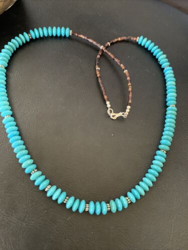 Navajo Pearls Bead Necklace | Blue Turquoise | Sterling Silver | 24" | Authentic Native American Handmade | 12538