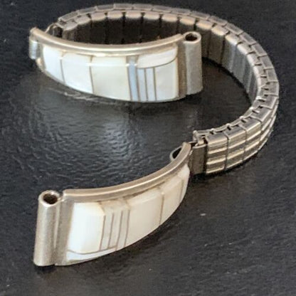 Navajo Sterling Silver Watch Tips with Pink Mother of Pearl Inlay Band | Authentic Native American Jewelry | 13693
