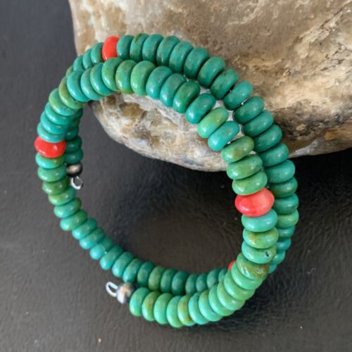 Navajo Coral Green Turquoise Bracelet | Stainless Steel Memory Wire | Authentic Native American Handmade | 13313