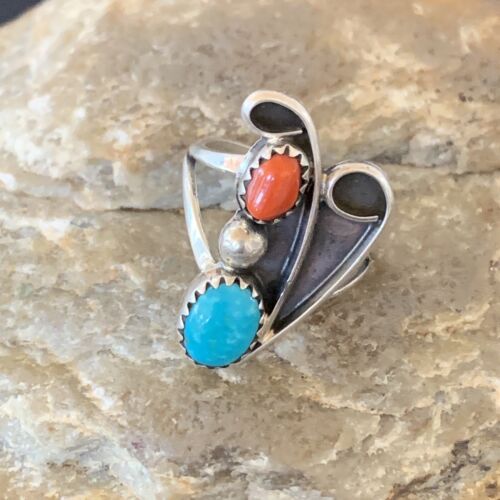 Native Old Pawn Navajo Sterling Silver Coral Blue Turquoise Ring Sz6.5 10826