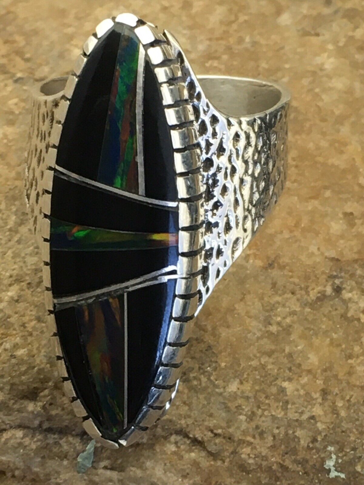 Navajo Multi-Color Opal & Turquoise Inlay Ring | Sterling Silver | Sz 8 | Authentic Native American Handmade | 01613