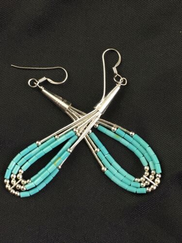 Native American Liquid Silver Heishi Dangle Earrings | Blue Turquoise | Sterling Silver | 2" | 1969