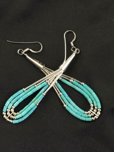 Native American Liquid Silver Heishi Dangle Earrings | Blue Turquoise | Sterling Silver | 2" | 1969 - Masha USA