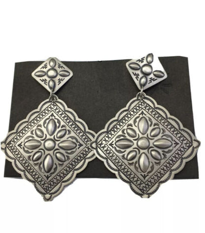 Native American Navajo Stamped Earrings | Sterling Silver | 2.75" | 1733 - Masha USA