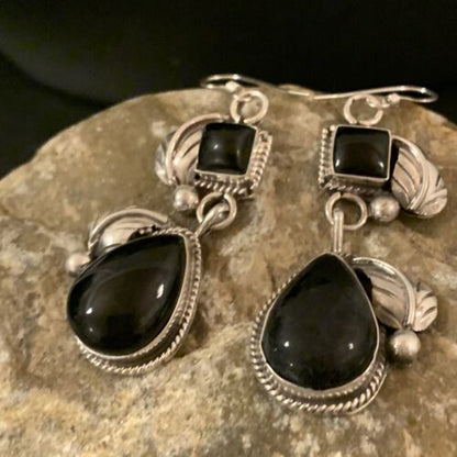 Southwestern Navajo Black Onyx Dangle Earrings | Sterling Silver | 1.5" | 1531
