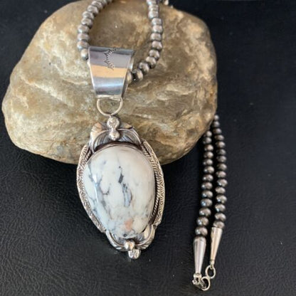 White Buffalo Turquoise Pendant Necklace | Sterling Silver | Navajo | Authentic Native American Handmade | 13991