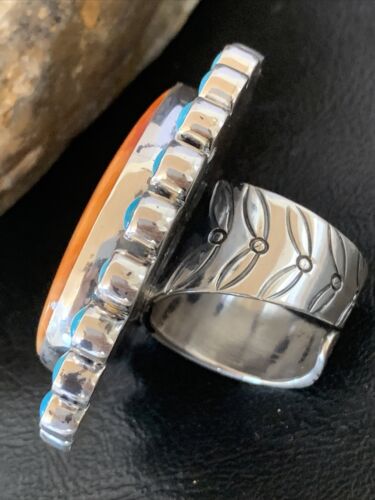 Navajo Blue Turquoise & Spiny Oyster Cluster Ring | Authentic Native American Sterling Silver | Multi-Stone | Sz 9-12 | 10628