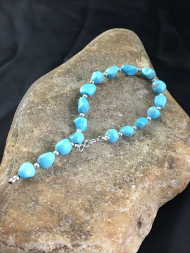 Native American Sterling Silver Bracelet | Sleeping Beauty Turquoise Inlay | 6.75" | 10146