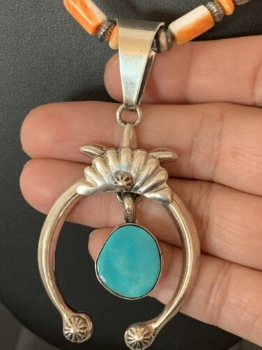 Sterling Blue Turquoise Naja Pendant | Navajo Pearls Spiny Oyster Necklace | Southwestern | 00262