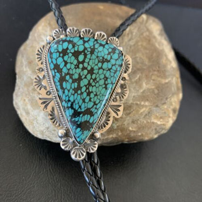 Native American Men's Bolo Tie | Blue Spiderweb Turquoise | Sterling Silver | Navajo Handmade | 12364
