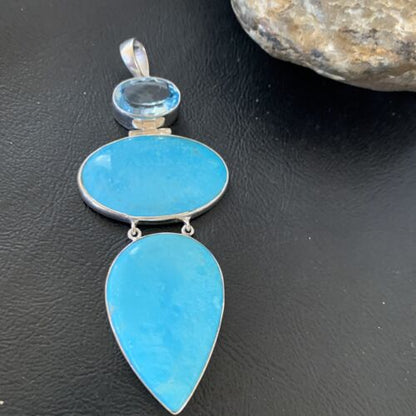 Navajo Blue Topaz Turquoise Multi-Stone Pendant | Authentic Native American Sterling Silver | 3.5" | 12023