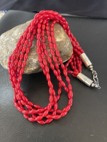 Navajo Red Coral 5-Strand Necklace | Sterling Silver Barrel Beads | 22" | Authentic Native American Handmade | 10438