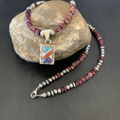 Navajo Multi-Color Inlay Pendant | Sterling Silver Purple Spiny Oyster Necklace 21" | 12359