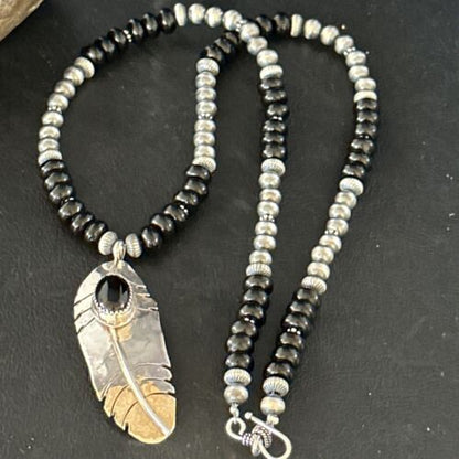 Native American Men's Navajo Pearls Necklace | Sterling Silver Black Onyx Pendant | 14627
