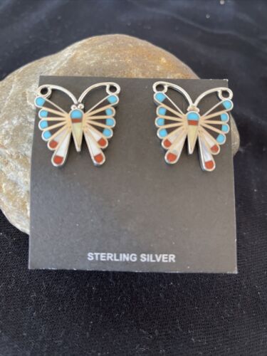 Native American Zuni Sterling Silver Inlay Earrings | Turquoise Coral Mother of Pearl | 1085
