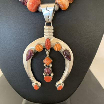 Navajo Pearls Necklace with Orange Spiny Oyster Naja Pendant | Sterling Silver | 01185