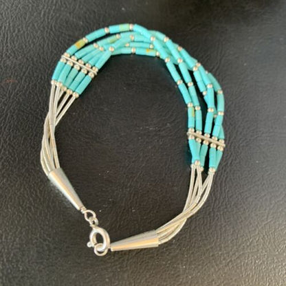 Navajo Blue Green Turquoise Heishi Sterling Silver Bracelet | 5-Strand | 8" | 13617
