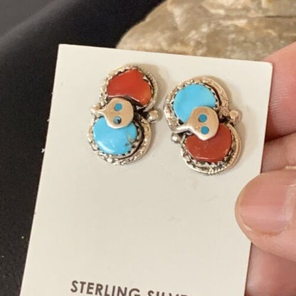 Zuni Snake Earrings | Blue Kingman Turquoise & Red Coral | Sterling Silver | Native American Handmade | 12041