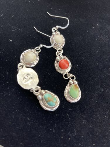 Navajo Spiny, Turquoise & Howlite Dangle Earrings | Sterling Silver | Authentic Native American Handmade | 1634
