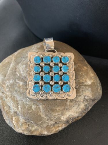 Navajo Blue Turquoise Cluster Pendant | Sterling Silver | 2" | Authentic Native American Handmade | 02098