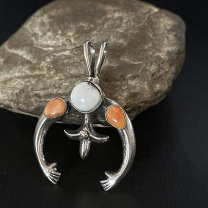 Navajo White Buffalo Turquoise Spiny Naja Pendant | Sterling Silver | Authentic Native American Handmade | 14671