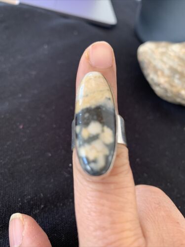 Southwestern Navajo Cinnabrite Ring | White Black | Sterling Silver | Sz 6.5 | 01549