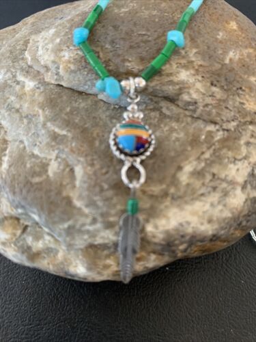 Girls Multi-Color Liquid Silver Heishi Pendant | Inlay | Sterling Silver Leaf Inlay | 02047