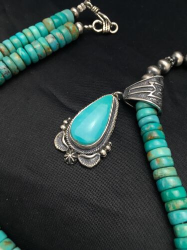 Navajo Blue Turquoise Pendant Necklace | Sterling Silver | Authentic Native American Handmade | 2641 - Masha USA