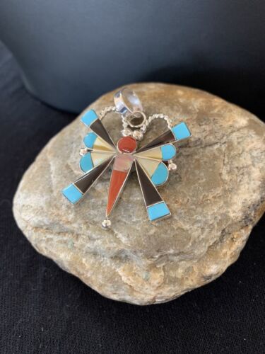 Zuni Turquoise Spiny Oyster Mother of Pearl Butterfly Necklace Pin Pendant | Inlay | Sterling Silver | 1367