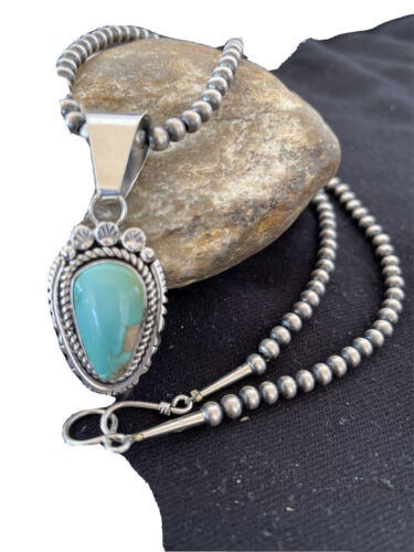 Women's Royston Turquoise Pendant Necklace | Navajo Pearls | Sterling Silver | Authentic Native American Handmade | 01183