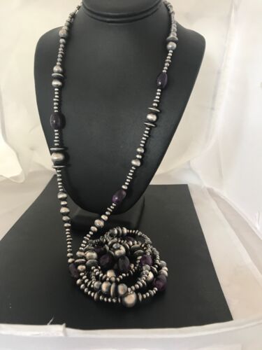 Navajo Pearls Necklace | Sterling Silver Sugilite Beads | 70" | Authentic Native American Handmade | 8052