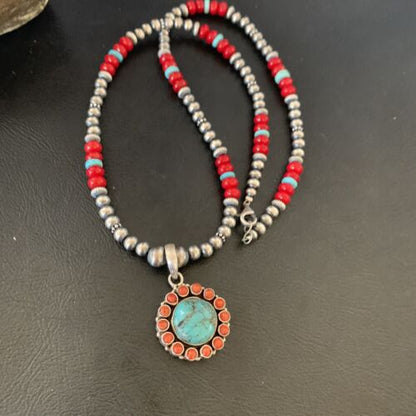 Southwestern Navajo Multi-Stone Necklace | Turquoise Coral Pendant | Sterling Silver | 21" | 12581