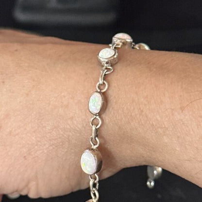 Native American Navajo White Opal Link Bracelet | Sterling Silver | Authentic Handmade | 14648