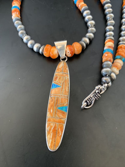 Navajo Pearls Sterling Silver Necklace with Orange Spiny Oyster & Opal Pendant | Authentic Native American | 11385