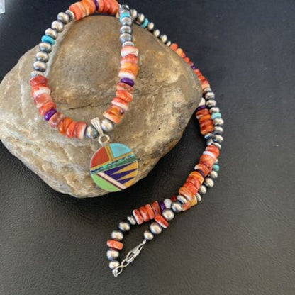 Navajo Multi-Color Spiny Turquoise Inlay Pendant Necklace | Sterling Silver | Authentic Native American Handmade | 12720