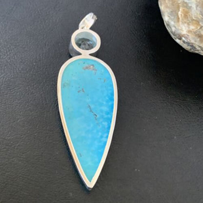 Navajo Blue Topaz Turquoise Multi-Stone Pendant | Authentic Native American Sterling Silver | 3.5" | 10712