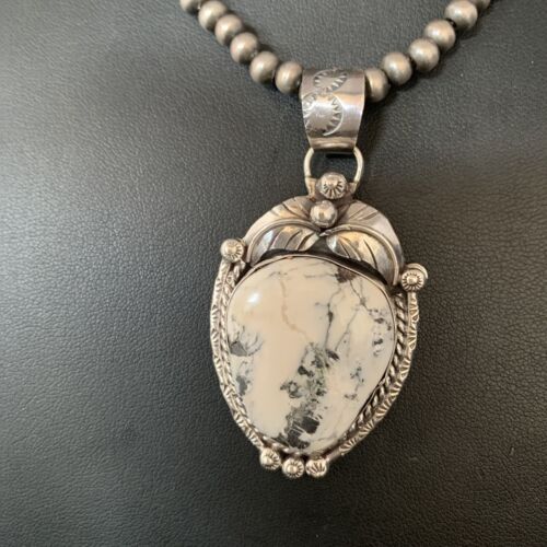 White Buffalo Turquoise Pendant Necklace | Sterling Silver | Navajo | Authentic Native American Handmade | 14053