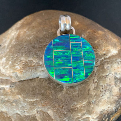 Authentic Native American Navajo Sterling Silver Blue Fire Opal Inlay Pendant | Handmade Jewelry | 13143