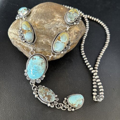 Navajo Golden Hills Turquoise Lariat Necklace | Sterling Silver | Authentic Native American Handmade | 14348